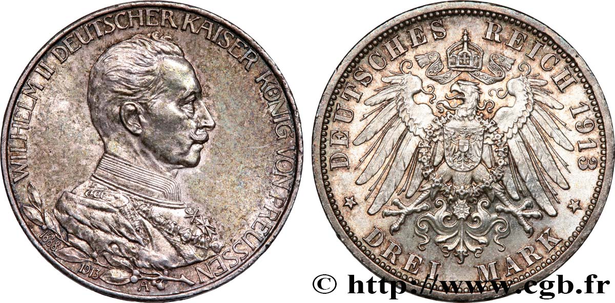 GERMANY - PRUSSIA 3 Mark 25e anniversaire de règne de Guillaume II 1913 Berlin AU/MS 