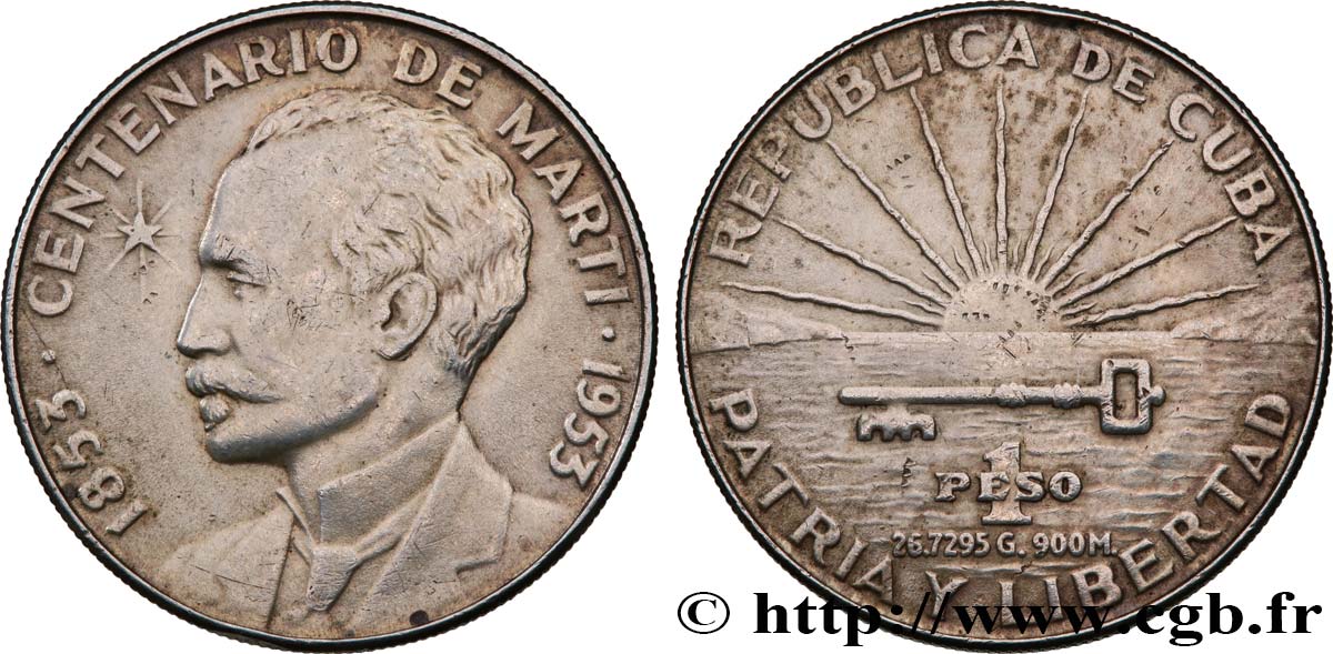 CUBA 1 Peso centenaire naissance de José Marti 1953  TTB 