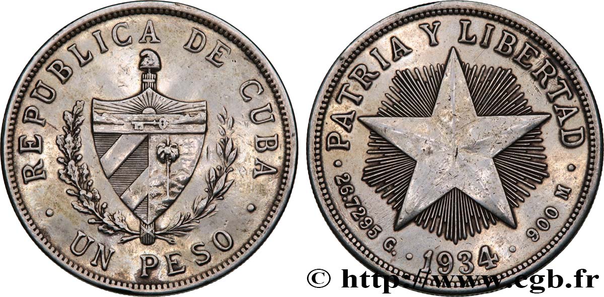 CUBA 1 Peso 1934  TTB 
