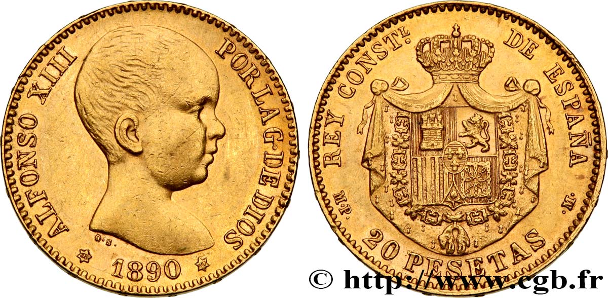 SPAIN 20 Pesetas Alphonse XIII 1890 Madrid AU 