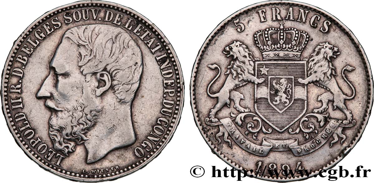 CONGO - ÉTAT INDÉPENDANT DU CONGO 5 Francs Léopold II 1894  TTB 