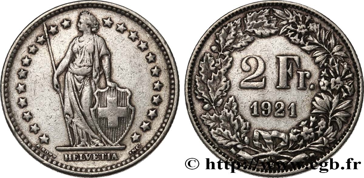 SUISSE 2 Francs Helvetia 1921 Berne TTB 