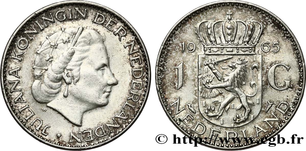 NETHERLANDS 1 Gulden Juliana 1965  AU 