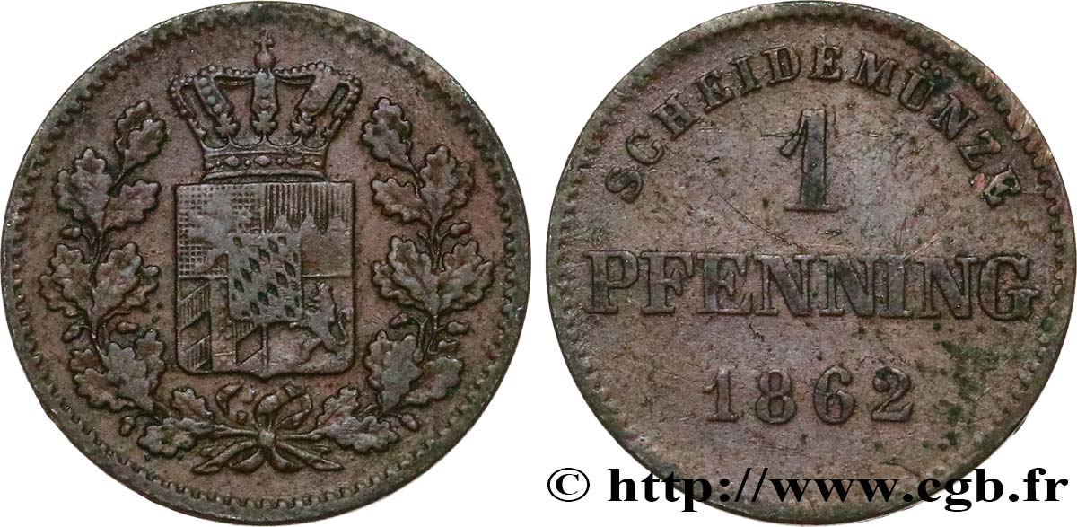 GERMANY - BAVARIA 1 Pfennig Royaume de Bavière 1862  XF 