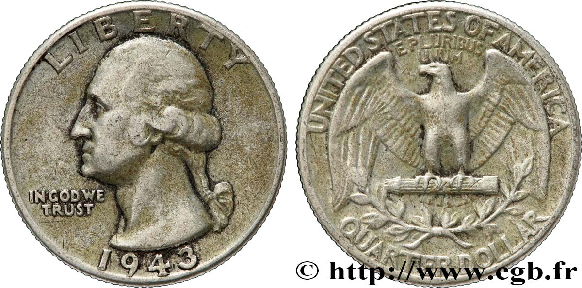 ÉTATS-UNIS D AMÉRIQUE 1/4 Dollar Georges Washington 1943 Philadelphie TTB 