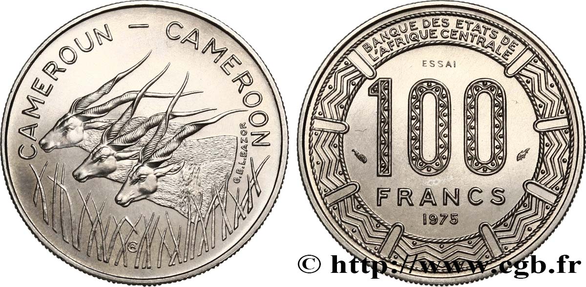 KAMERUN Essai de 100 Francs légende bilingue, type BEAC antilopes 1975 Paris ST 