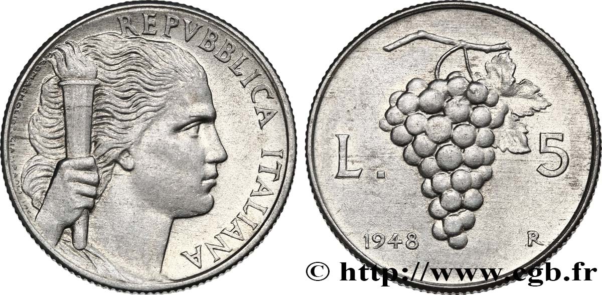 ITALIA 5 Lire “Liberté” à la torche / grappe de raisin 1948 Rome - R EBC 