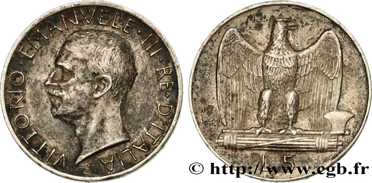 ITALIA 5 Lire Victor Emmanuel III 1929 Rome BB 