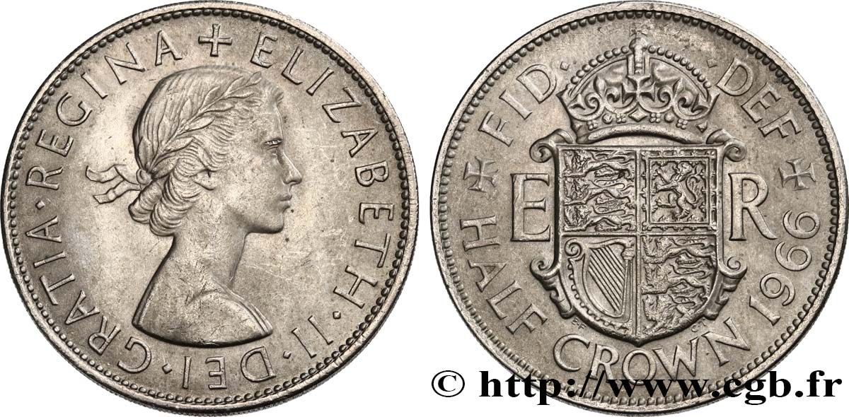VEREINIGTEN KÖNIGREICH 1/2 Crown Élisabeth II 1966  VZ 