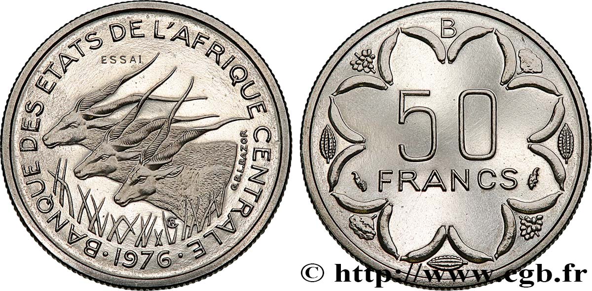 ÉTATS DE L AFRIQUE CENTRALE Essai de 50 Francs antilopes lettre ‘B’ République Centrafricaine 1976 Paris FDC 
