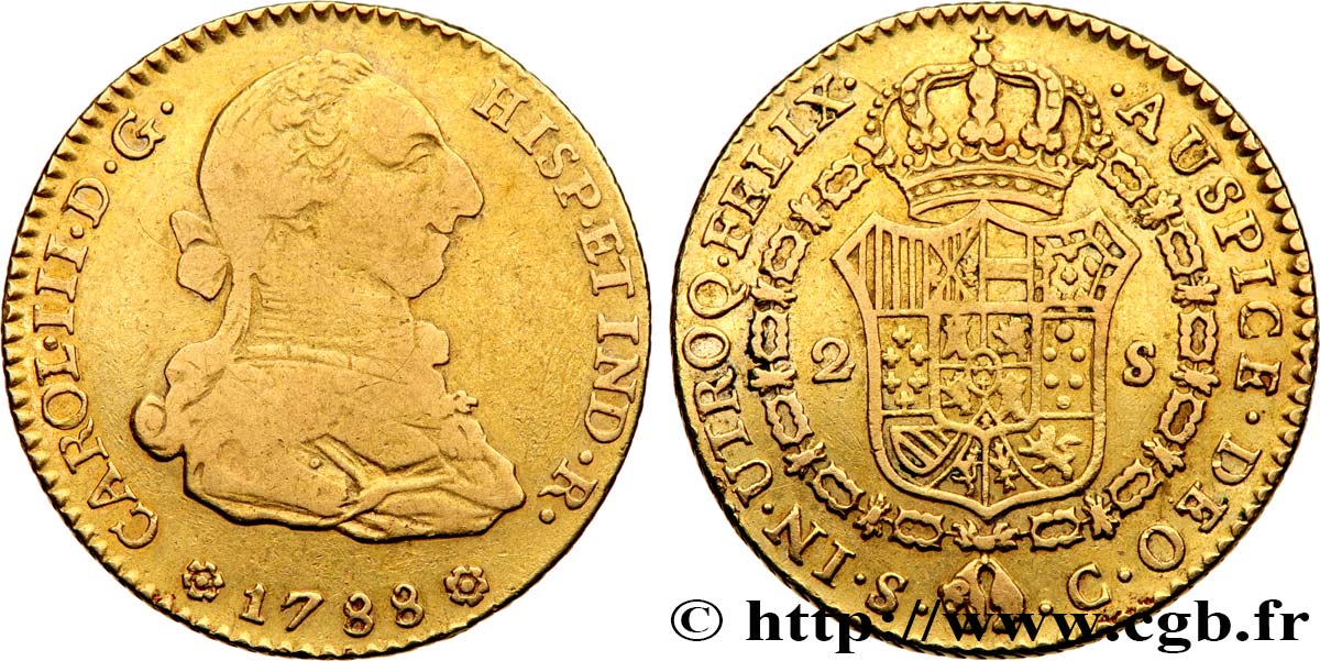 ESPAÑA 2 Escudos Charles III  1788 Séville BC+/MBC 