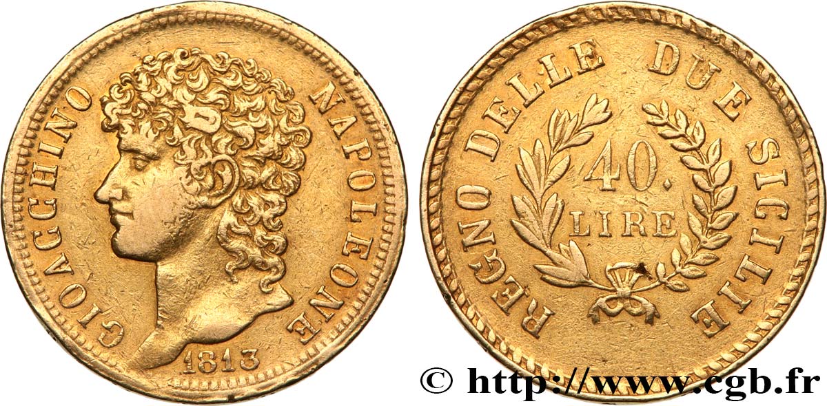 ITALY - KINGDOM OF NAPLES - JOACHIM MURAT 40 Lire or, rameaux longs 1813 Naples VF/XF 