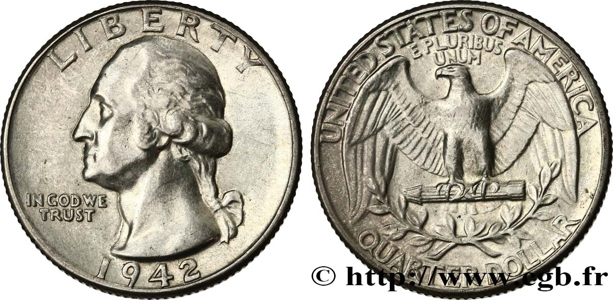 ÉTATS-UNIS D AMÉRIQUE 1/4 Dollar Georges Washington 1942 Philadelphie TTB 