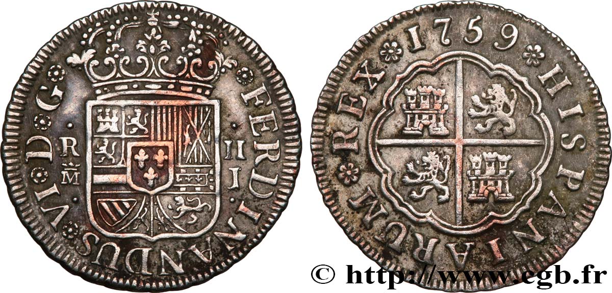 ESPAGNE 2 Reales Ferdinand VI 1759 Madrid TTB+ 