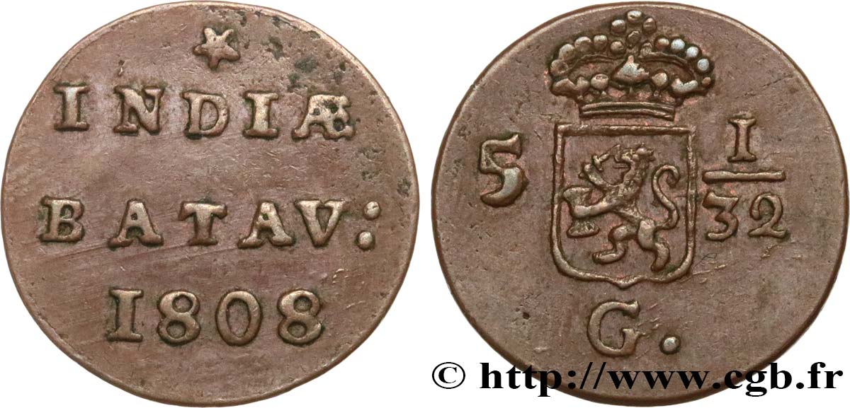 INDES NEERLANDAISES 5 1/32 Gulden (1/2 Duit) écu couronné des Pays-Bas 1808 Enkhuizen TTB 