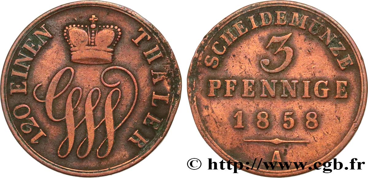 ALLEMAGNE - SCHAUMBOURG-LIPPE 3 Pfennige 1858 Berlin TB 
