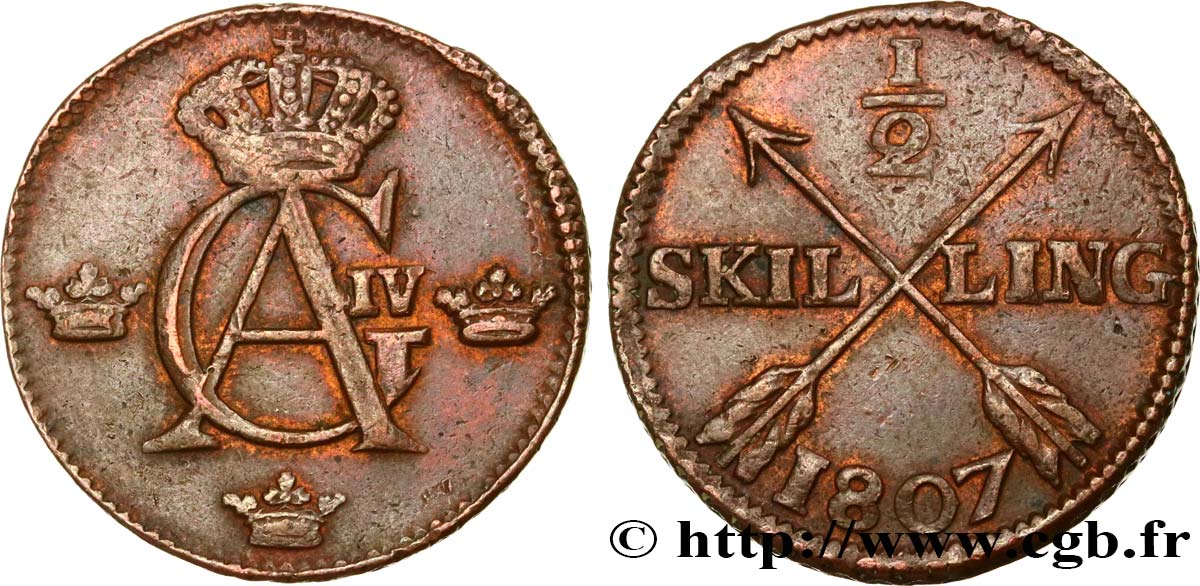 SVEZIA 1/2 Skilling monograme du roi Gustave IV Adolphe 1807  BB 