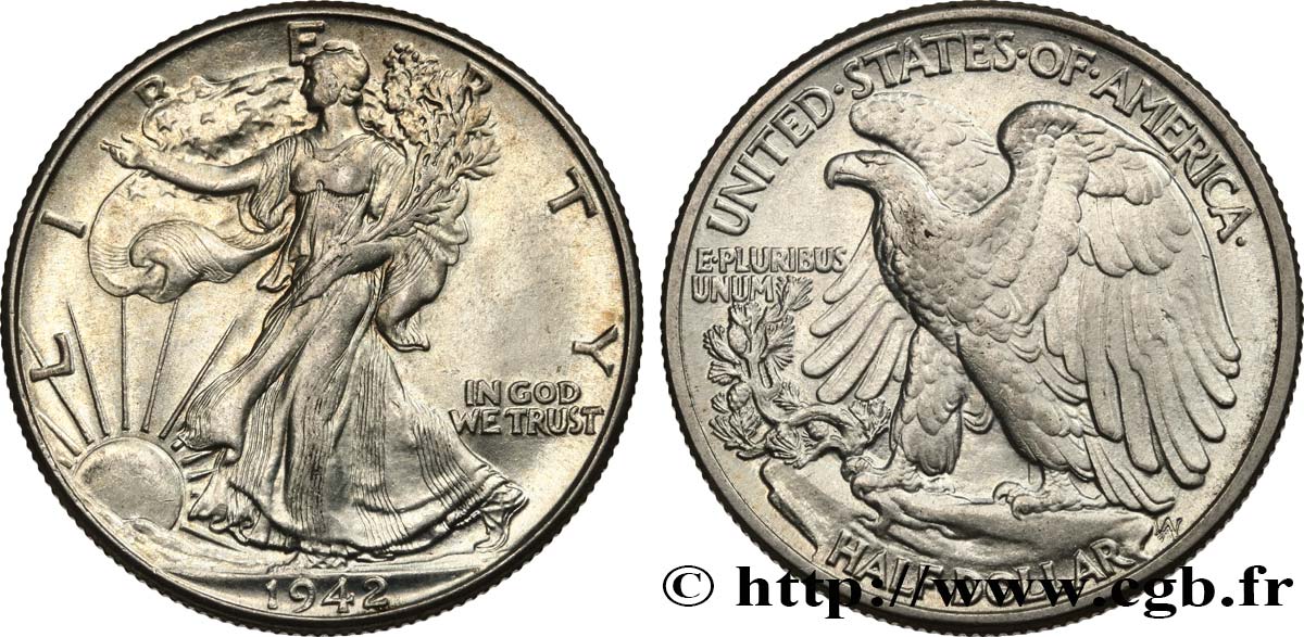 ÉTATS-UNIS D AMÉRIQUE 1/2 Dollar Walking Liberty 1942 Philadelphie SPL 