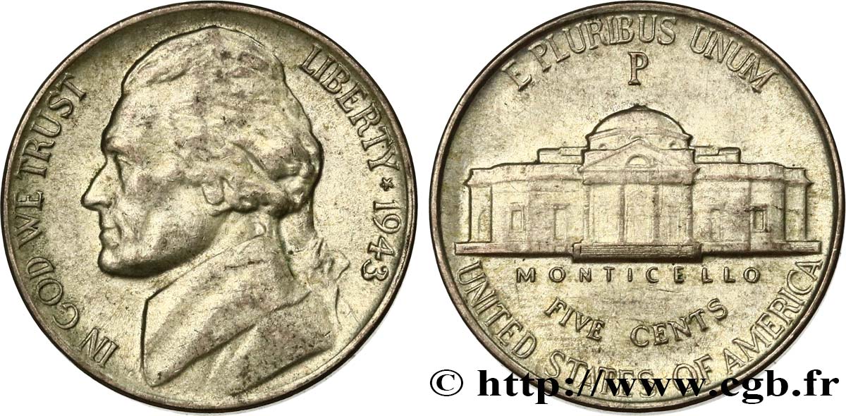 ÉTATS-UNIS D AMÉRIQUE 5 Cents Président Thomas Jefferson 1943 Philadelphie SUP 