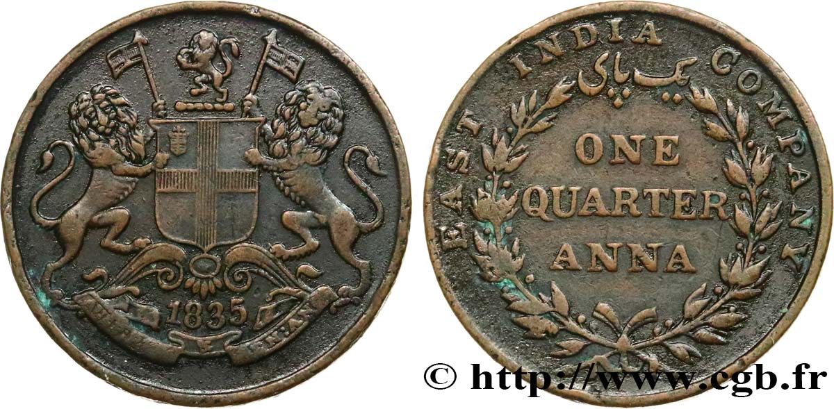 INDES BRITANNIQUES 1/4 Anna East India Company 1835 Calcutta TB+ 