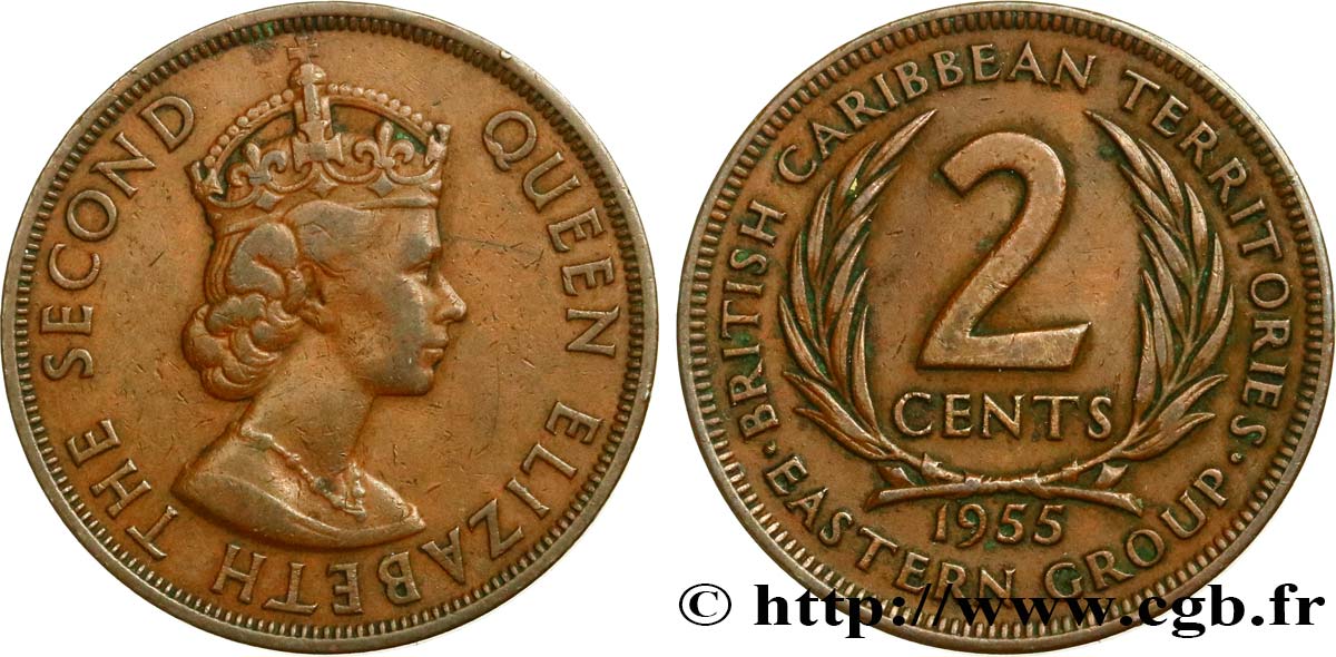 TERRITOIRES BRITANNIQUES DES CARAÏBES 2 Cents Elisabeth II 1955  TTB 