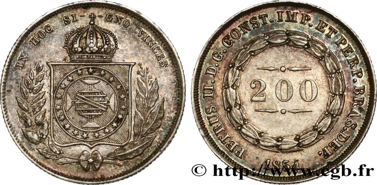 BRAZIL 200 Reis Pierre II 1854  AU 