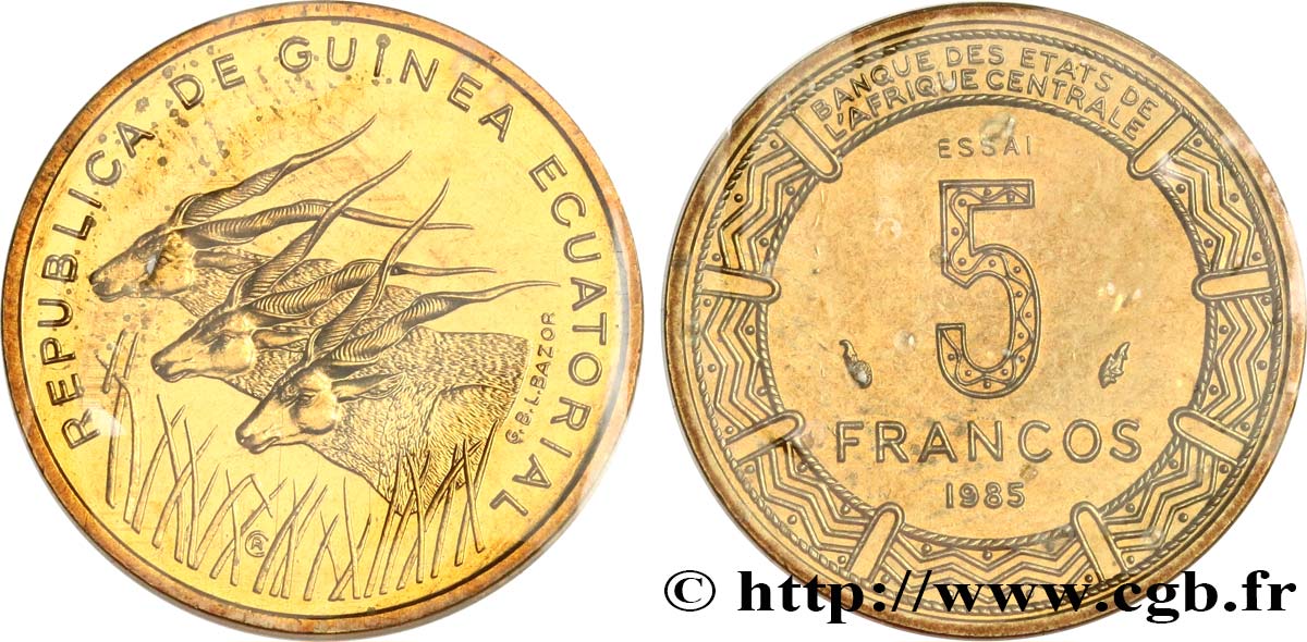 EQUATORIAL GUINEA Essai de 5 Francos BEAC antilopes 1985 Paris MS 