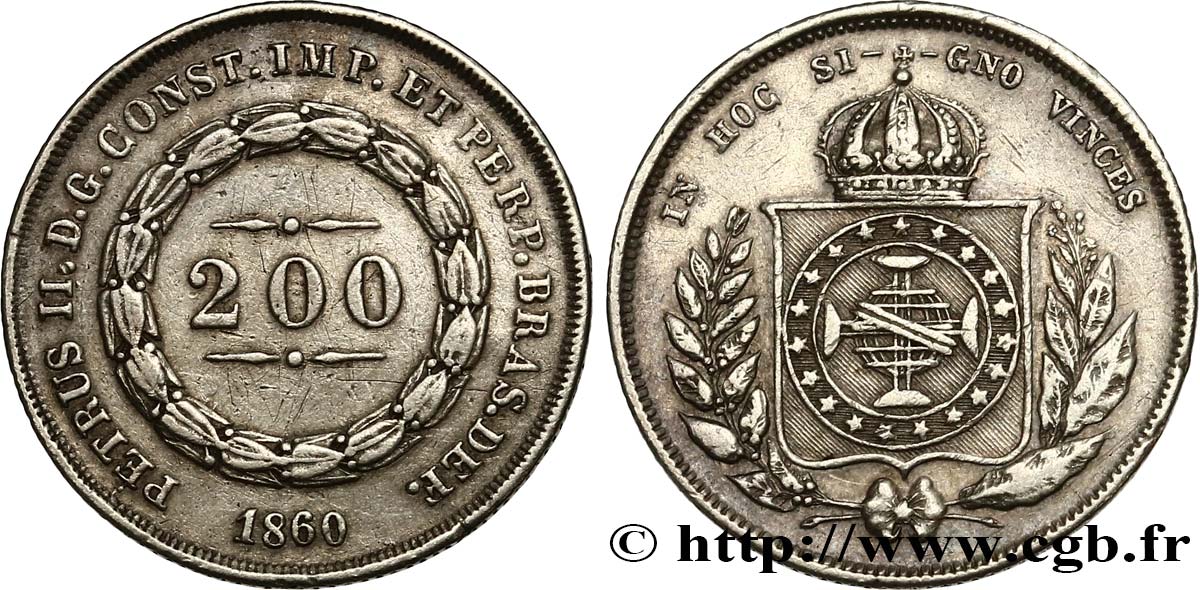 BRAZIL 200 Reis Pierre II 1860  XF 