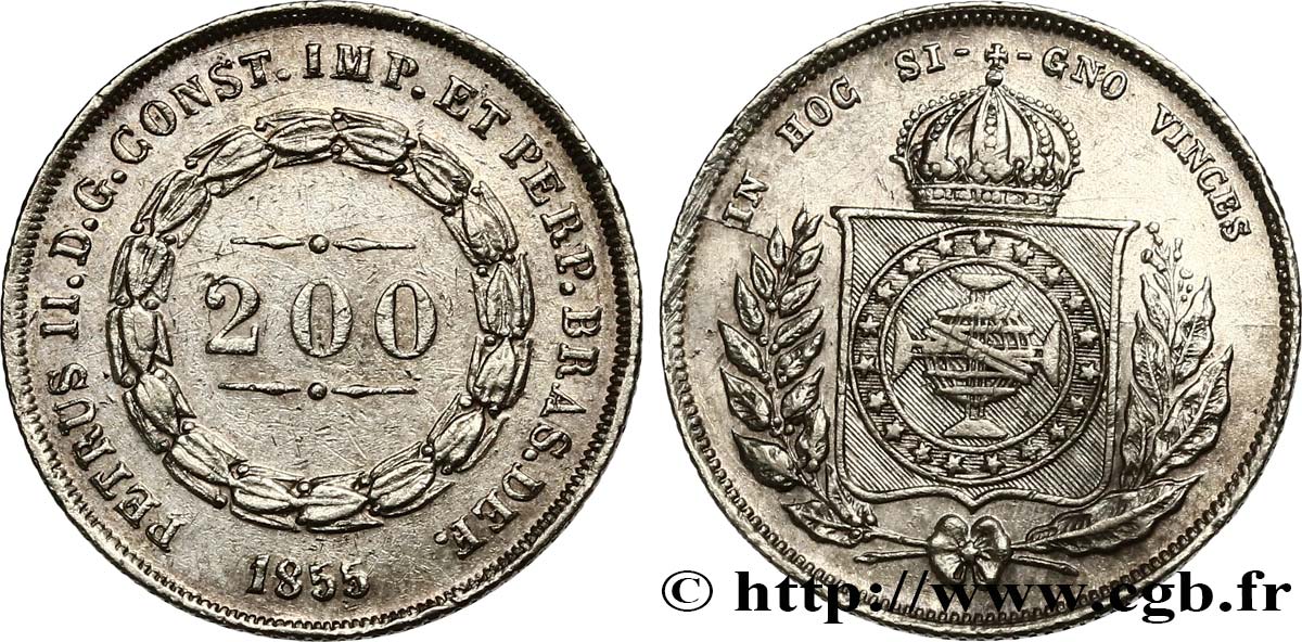 BRAZIL 200 Reis Pierre II 1855  XF 