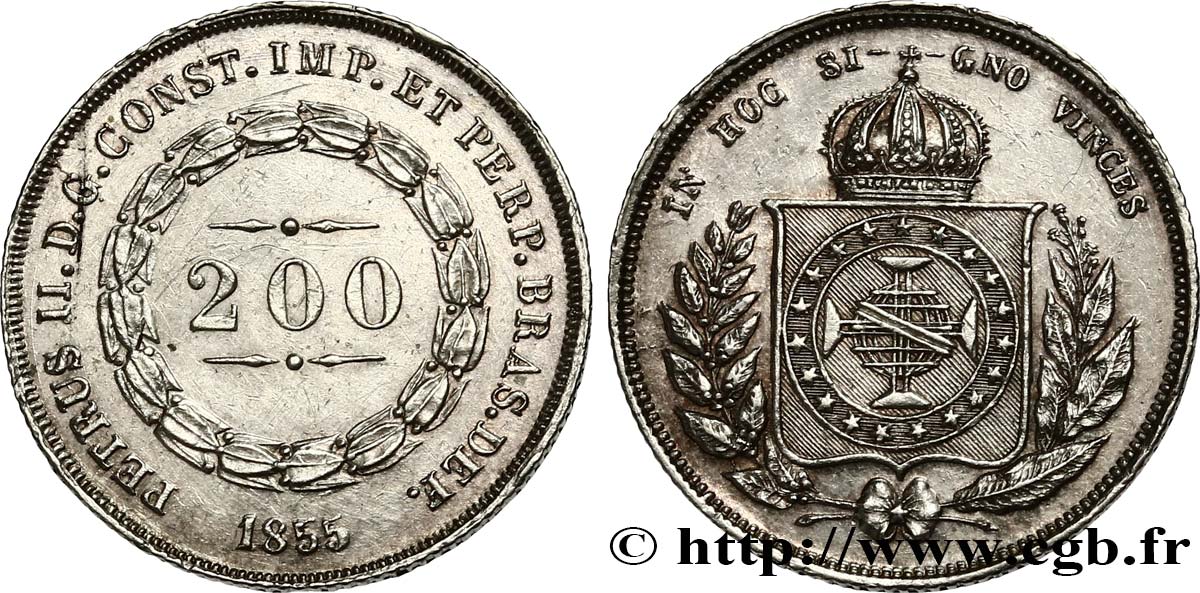 BRAZIL 200 Reis Pierre II 1855  AU 