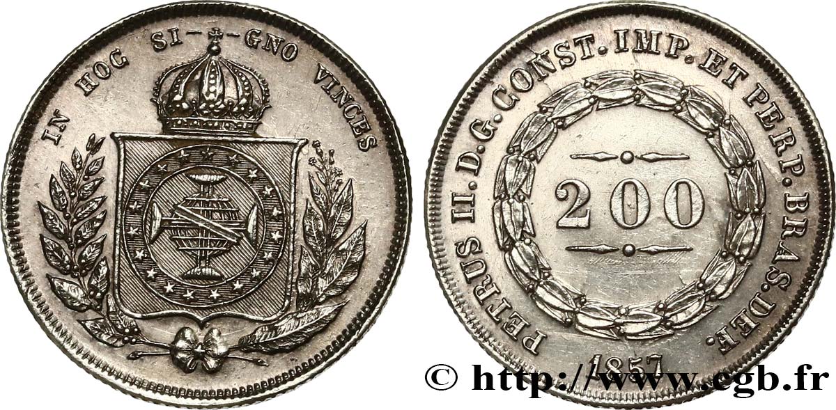 BRAZIL 200 Reis Pierre II 1857  AU 