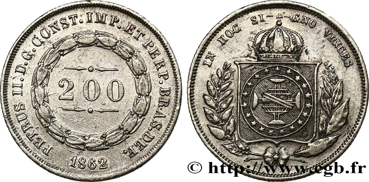 BRÉSIL 200 Reis Pierre II 1862  TTB 