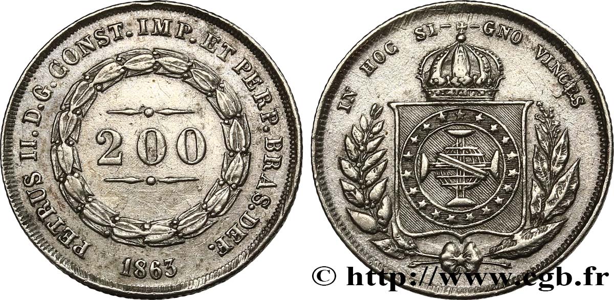 BRAZIL 200 Reis Pierre II 1863  XF 