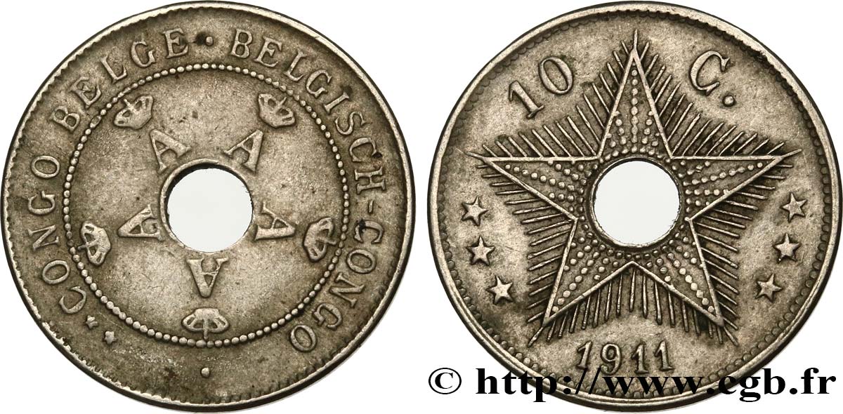 CONGO BELGE 10 Centimes monogramme A (Albert) couronné 1911  TTB 