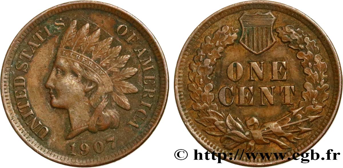 ÉTATS-UNIS D AMÉRIQUE 1 Cent tête d’indien, 3e type 1907 Philadelphie TTB 