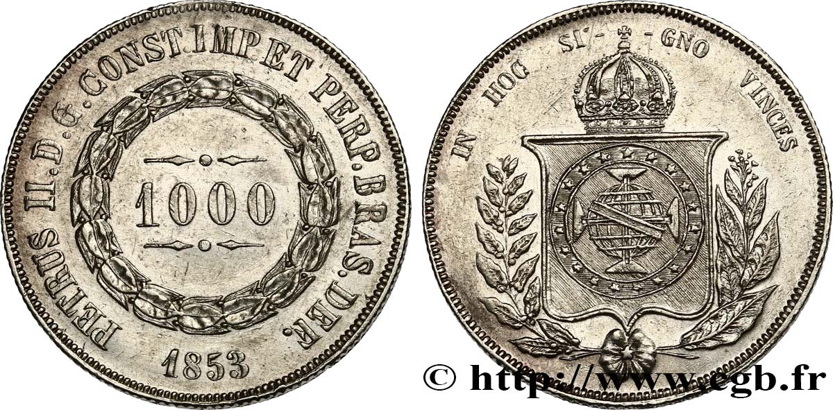 BRASILIEN 1000 Reis Empereur Pierre II 1853  VZ 