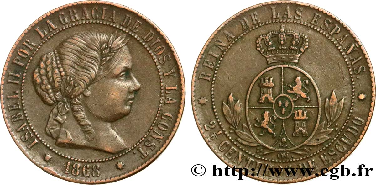 ESPAGNE 2 1/2 Centimos de Escudo Isabelle II 1868 Oeschger Mesdach & CO TTB 