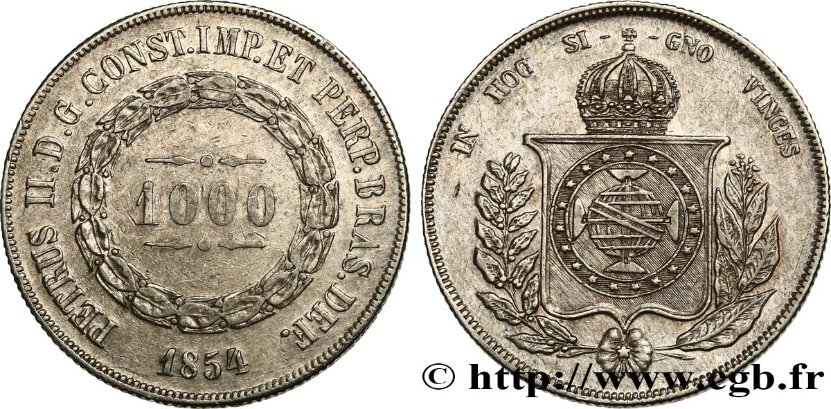 BRÉSIL 1000 Reis Empereur Pierre II 1854  TB+/TTB 