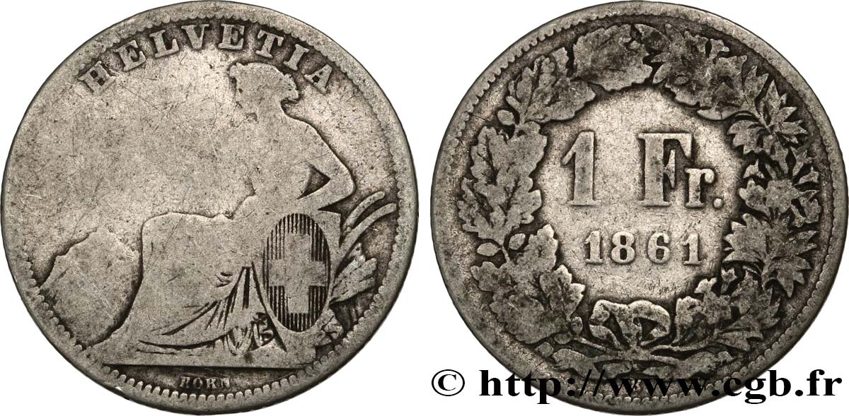 SWITZERLAND 1 Franc Helvetia assise 1861 Berne F 