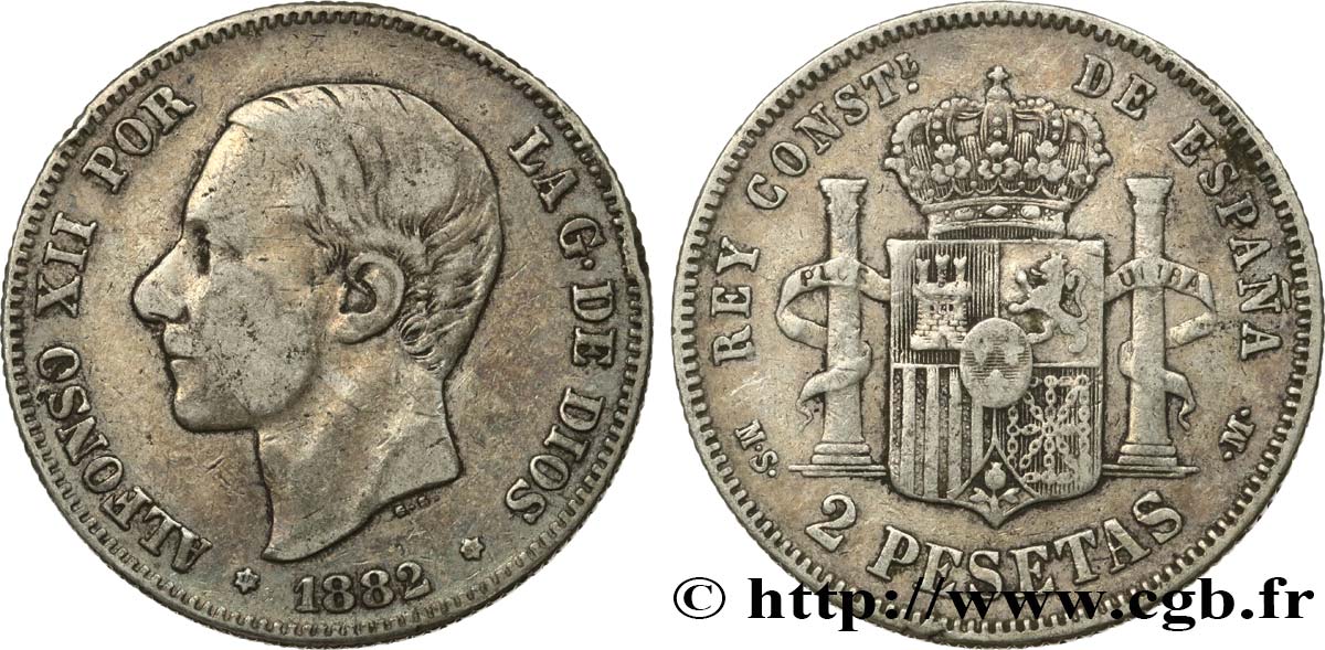 SPANIEN 2 Pesetas Alphonse XI 1882 Madrid S/fSS 