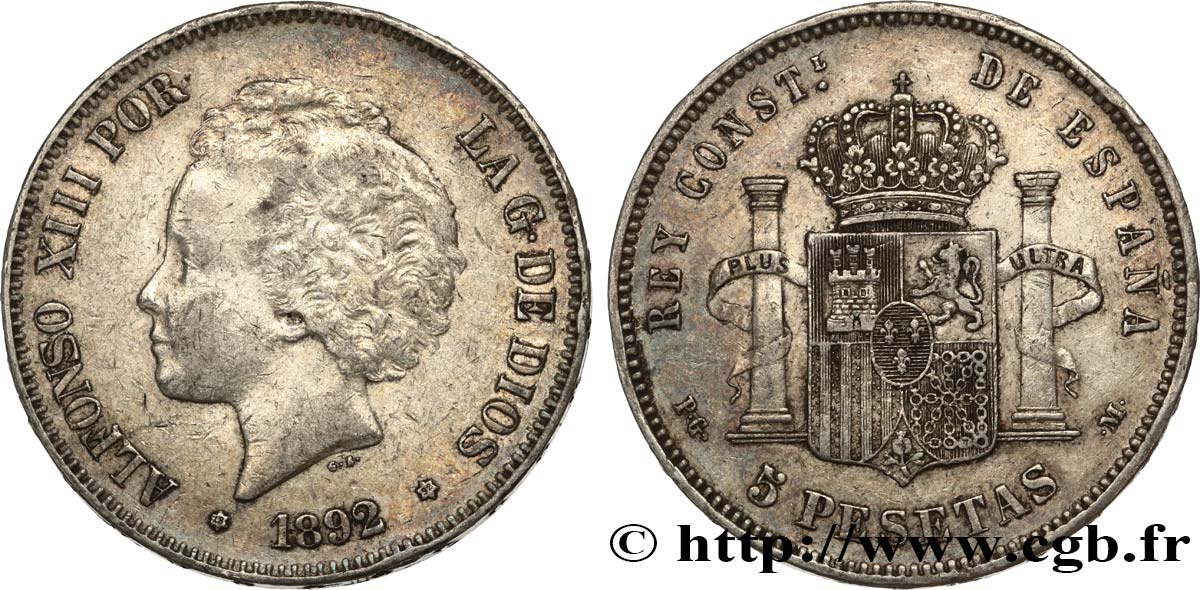 ESPAGNE 5 Pesetas Alphonse XIII 2e type 1892 Madrid TB+ 