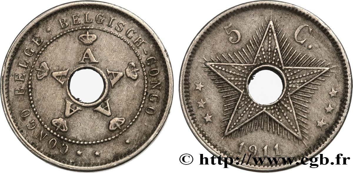 BELGA CONGO 5 Centimes monogrames du roi Albert 1911 Heaton MBC 