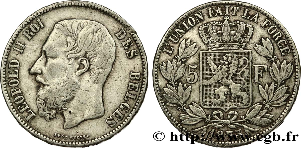 BELGIUM 5 Francs Léopold II 1873  VF 