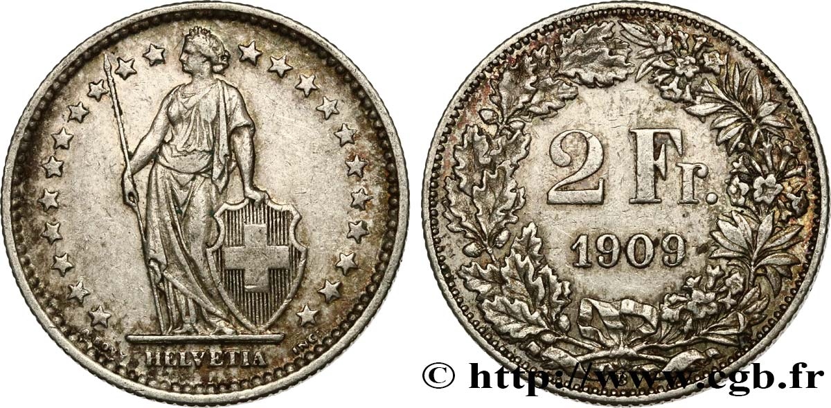 SWITZERLAND 2 Francs Helvetia 1909 Berne - B XF 