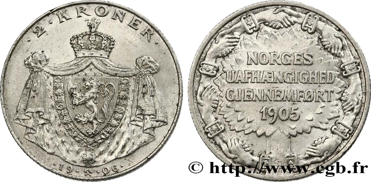 NORVEGIA 2 Kroner anniversaire de l’indépendance de 1905 1906  SPL 