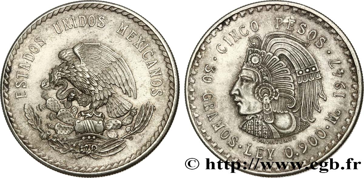 MEXIKO 5 Pesos Cuauhtemoc 1947 Mexico VZ 