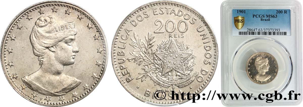 BRÉSIL 200 Reis “Liberté” 1901  SPL63 PCGS