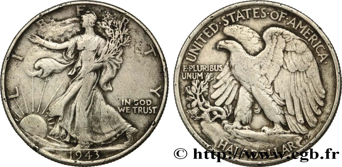ÉTATS-UNIS D AMÉRIQUE 1/2 Dollar Walking Liberty 1943 Philadelphie TB+ 