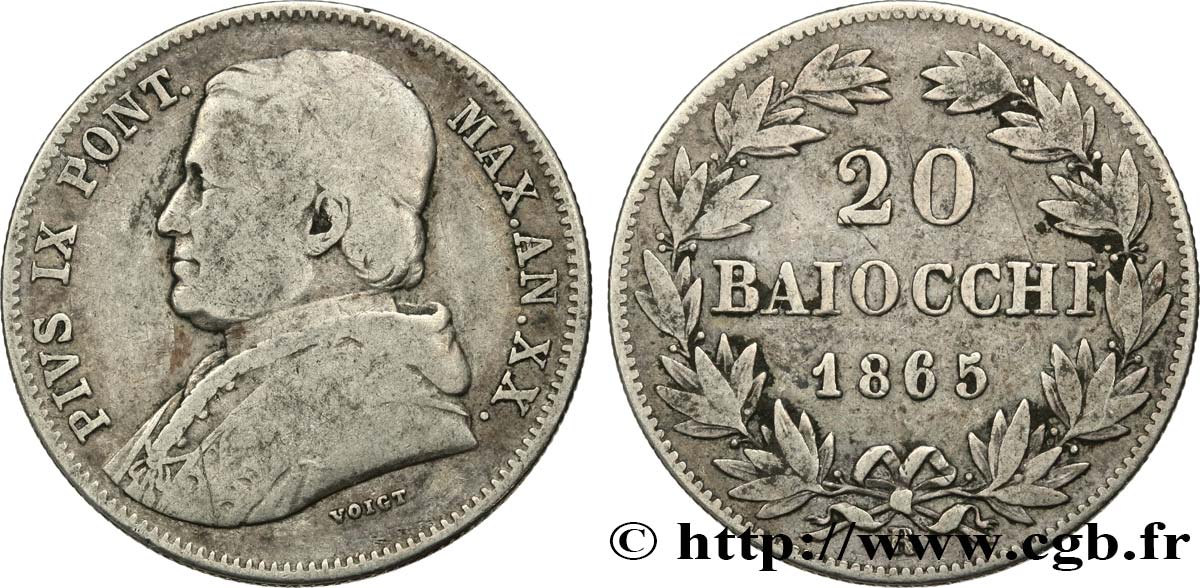 VATICAN ET ÉTATS PONTIFICAUX 20 Baiocchi Pie IX an XX 1865 Rome TB 