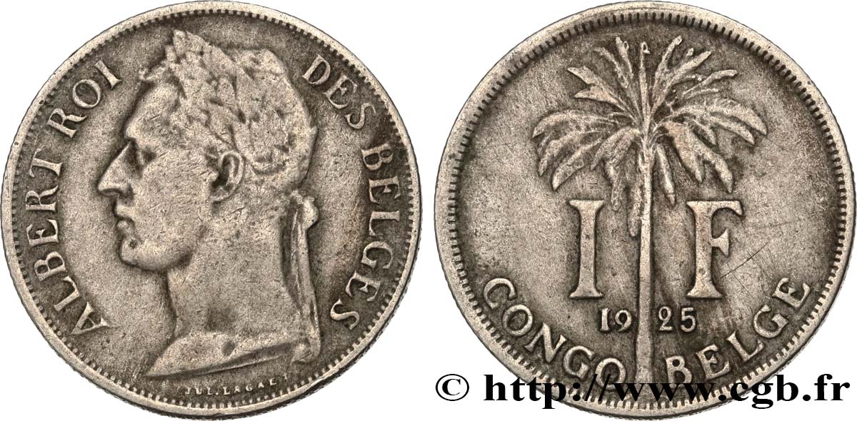 CONGO BELGE 1 Franc roi Albert légende française 1925  TB 
